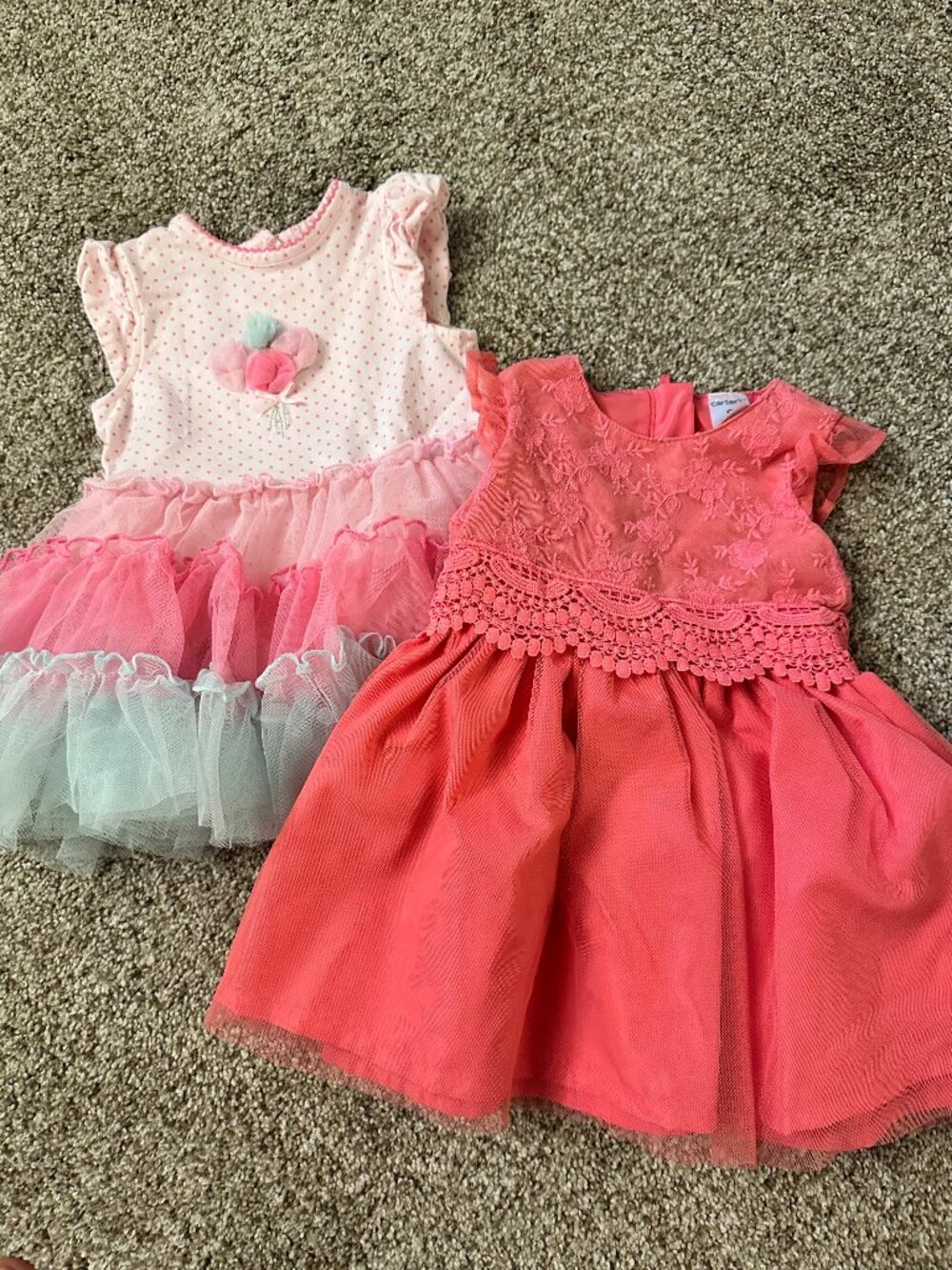 CARTER'S & LITTLE ME set of 2 DRESSES baby 9 mo EXCELLENT fluffy layers CORAL